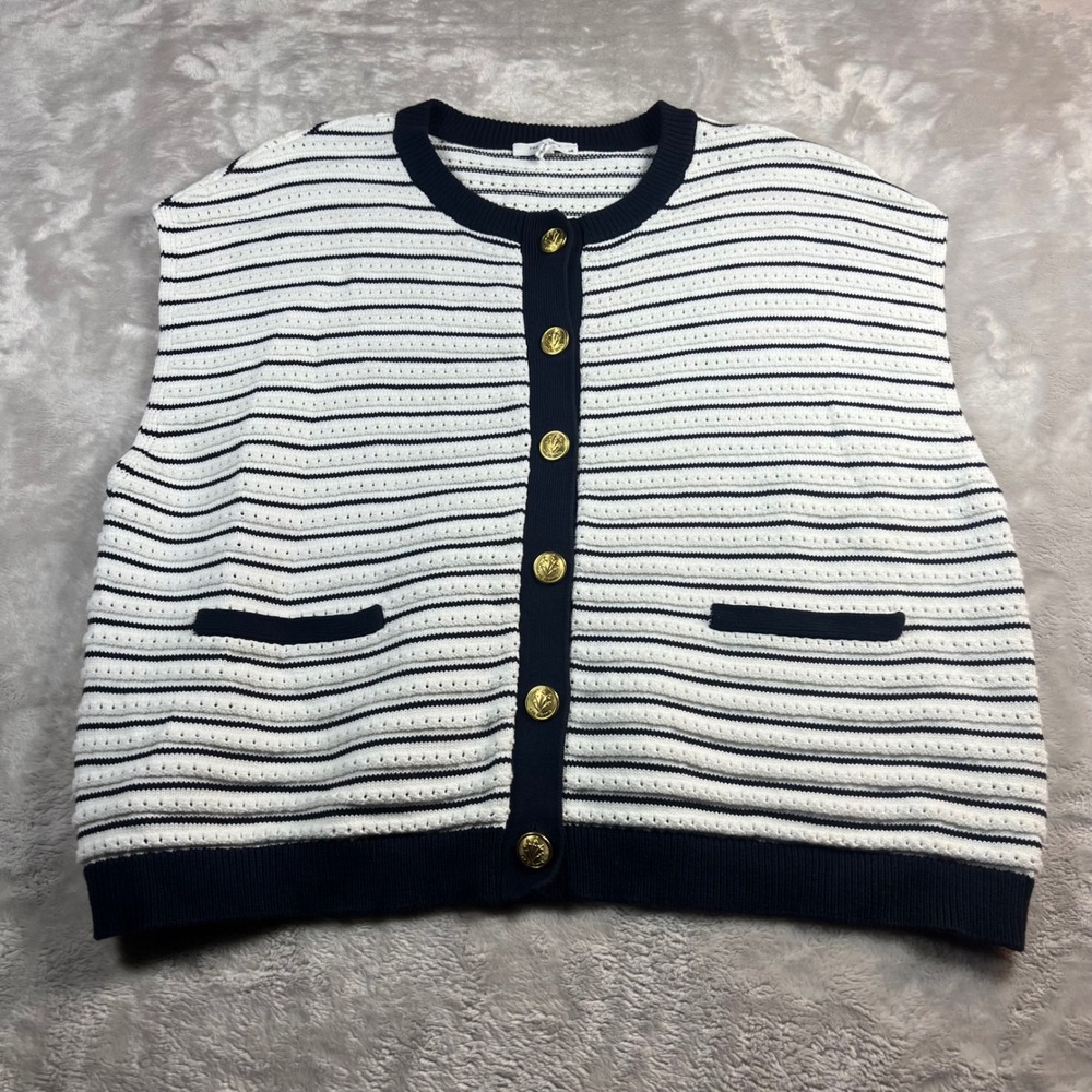 Rag & Bone Womens Large Sweater Vest White Navy Blue Striped Button Front Cotton